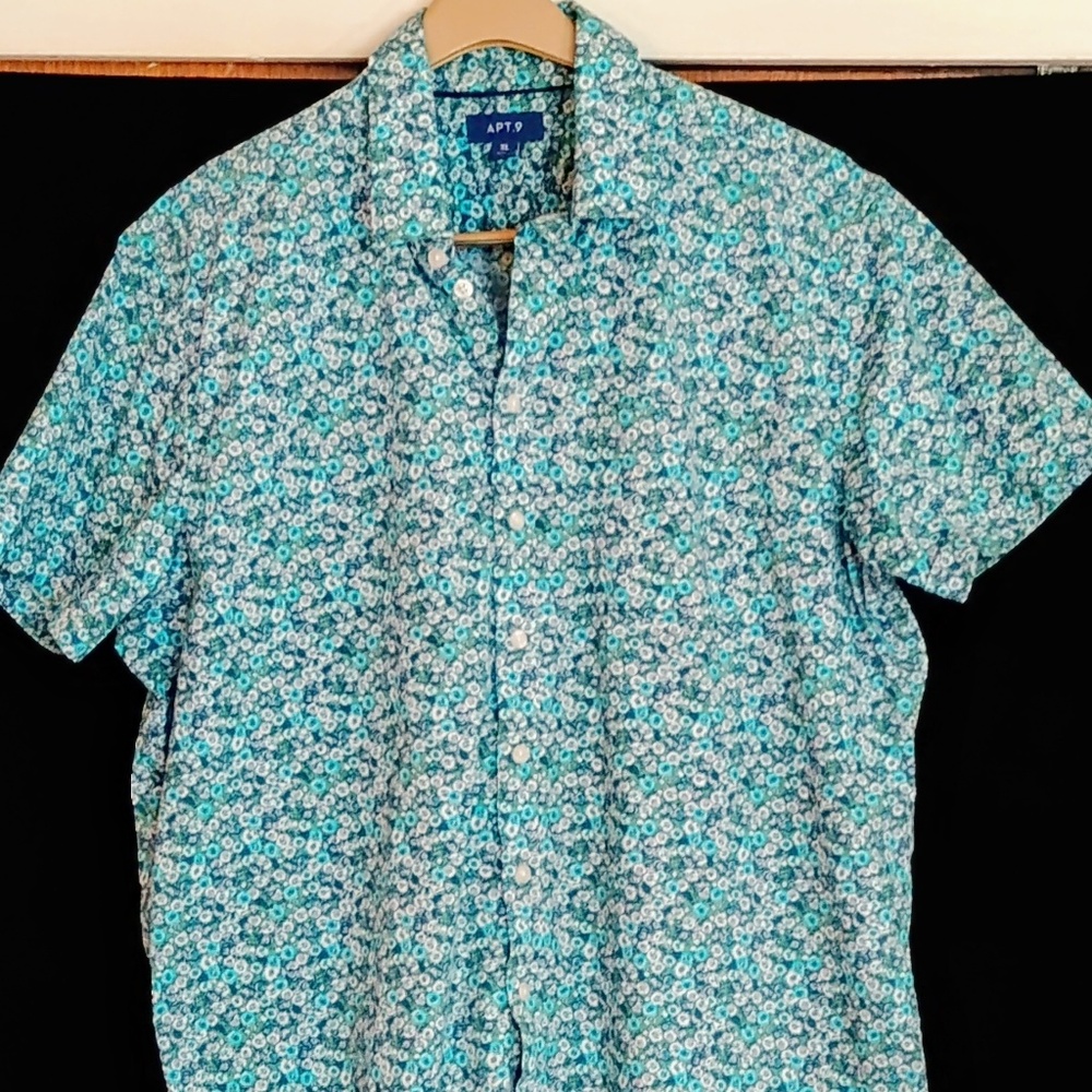 APT 9 Kohl's XL SS Blue and Green Print Button-Down Collared Shirt w/Pockets